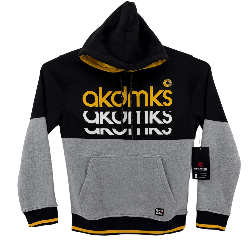 NWT Akademiks Men's M Black Grey Yellow Colorblock‎ Hoodie Pullover Sweatshirt